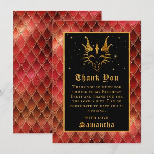 Red Dragon Schalen Gouden Faux Glitter Verjaardag Bedankkaart (Voorkant / Achterkant)