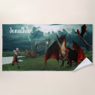 Red Dragon vs Knight Castle Fantasy gepersonalisee Strandlaken