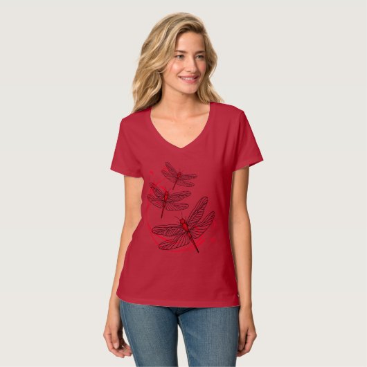 Red Dragonfly VrouwenHanes Nano V-Neck T-Shirt (Voorkant volledig)