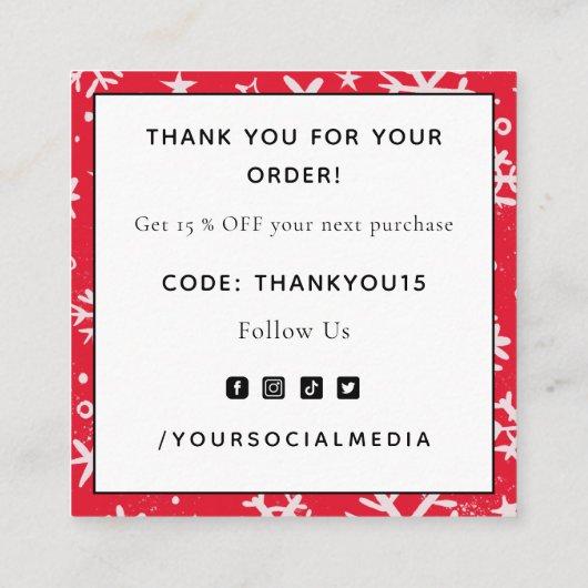 Red Drawn Snowflake Pattern Kerstmis Bedankt Vierkante Visitekaartje (Achterkant)