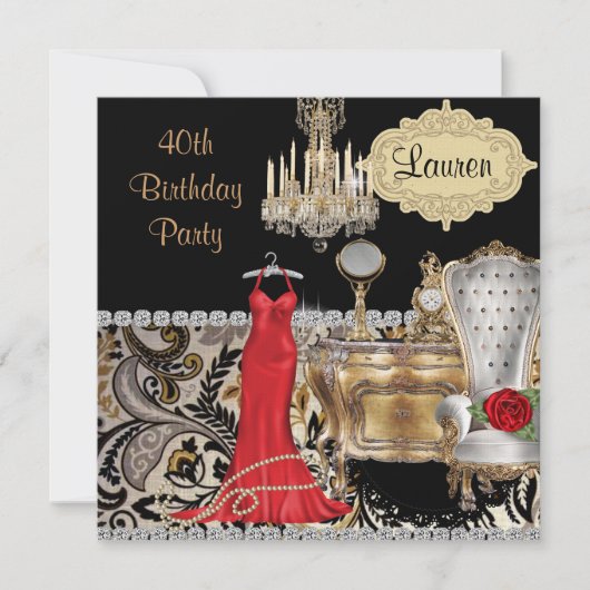 RED DRESS 40TH BIRTHDAY BLING Invitation Kaart (Voorkant)