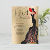 Red Dress 50 en Fabulous Gold Birthday Invitation Kaart (Staand voorkant)