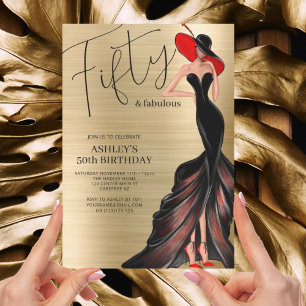 Red Dress 50 en Fabulous Gold Birthday Invitation Kaart