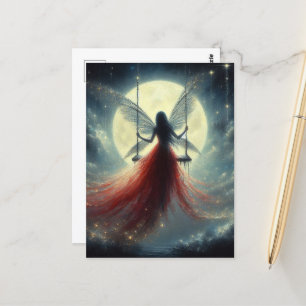 Red Dress Fairy op een Swing Full Moon Night Briefkaart
