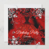 Red Dress Feathers Silver Birthday Party Kaart (Voorkant)