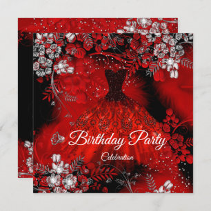 Red Dress Feathers Silver Birthday Party Kaart