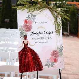 Red Dress Floral Geometric Quinceañera Birthday Poster