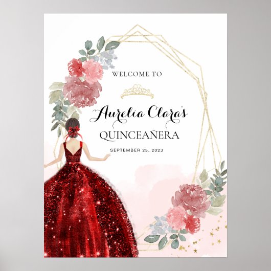 Red Dress Floral Geometric Quinceañera Birthday Poster (Voorkant)