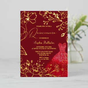 Red Dress Gold Floral Leaves Sweet 16 Folie Uitnodiging