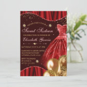 Red Dress & Gold Glitter Balloons Sweet 16 Kaart (Staand voorkant)
