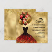 Red Dress Gold Glitter Crown Mis Quinceañera Kaart (Voorkant / Achterkant)