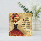 Red Dress Gold Glitter Crown Mis Quinceañera Kaart (Staand voorkant)