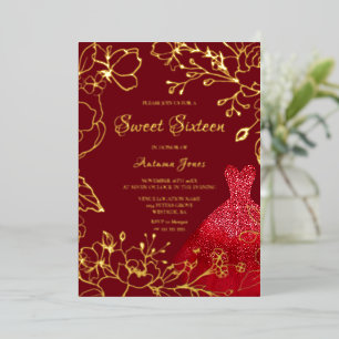 Red Dress Gold Leaves Elegant Sweet 16 Gold Folie Uitnodiging