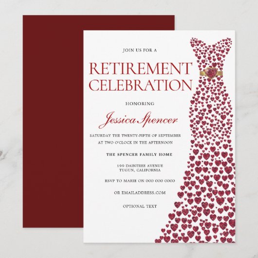Red Dress Gold Womans Retirement Party Celebration Kaart (Voorkant / Achterkant)