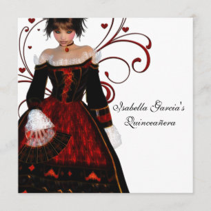 Red Dress Heart Swirls Elegant White Quinceanera Kaart