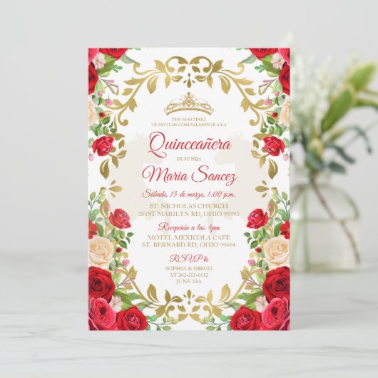 Red Dress Mexican Girl Sweet 15th Birthday Invite Kaart (Staand voorkant)