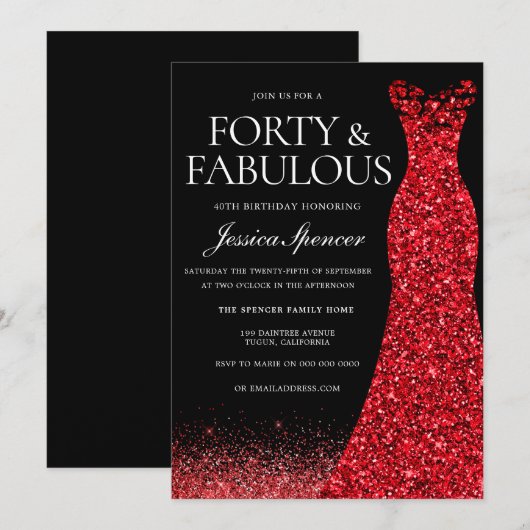 Red Dress Red Glitter gaat 40th Birthday Party Kaart (Voorkant / Achterkant)