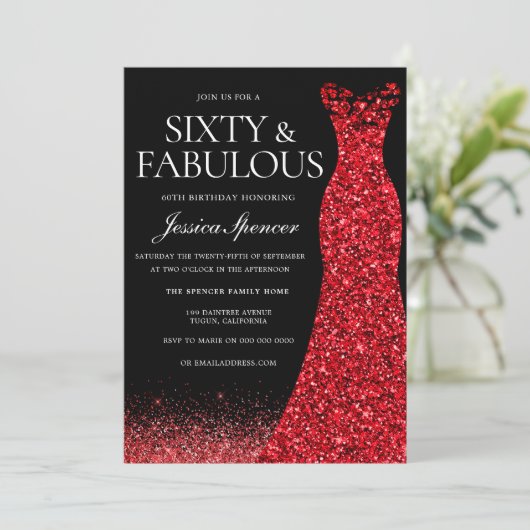 Red Dress Red Glitter Gown 60th Birthday Party Kaart (Staand voorkant)