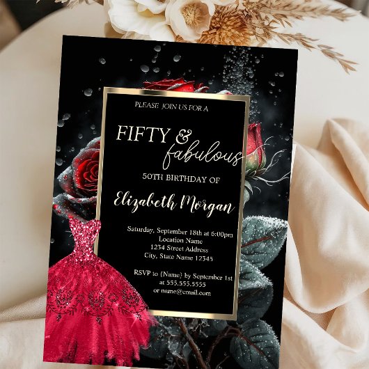 Red Dress Red Roses Black 50ste verjaardag Kaart