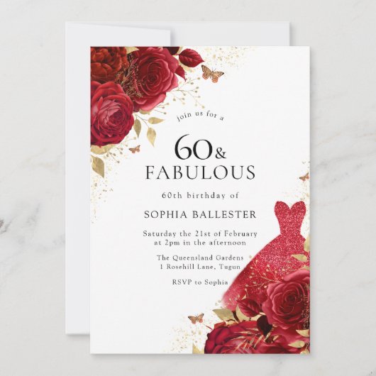 Red Dress & Rozen Gold Glitter 60th Birthday Kaart (Voorkant)