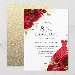 Red Dress & Rozen Gold Glitter 80th Birthday Kaart