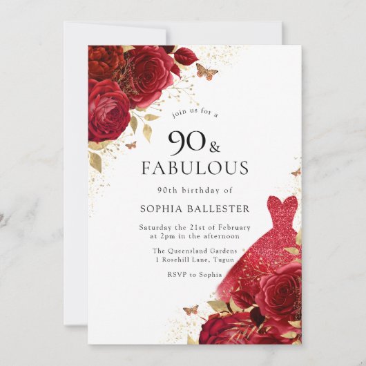 Red Dress & Rozen Gold Glitter 90th Birthday Kaart (Voorkant)