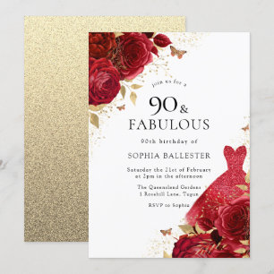 Red Dress & Rozen Gold Glitter 90th Birthday Kaart