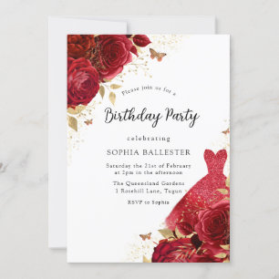 Red Dress & Rozen Gold Glitter Birthday Party Kaart
