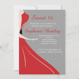 Red Dress Silhouette Sweet 16 Birthday Invitation Kaart