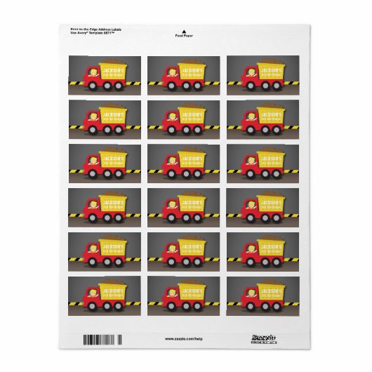 Red Dump Truck Jongen Bouwjaar Verjaardagsfeestje Etiket (Full Sheet)