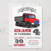 Red Dump Truck Kids Verjaardagsfeestuitnodiging Kaart (Voorkant)