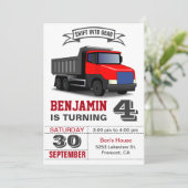 Red Dump Truck Kids Verjaardagsfeestuitnodiging Kaart (Staand voorkant)