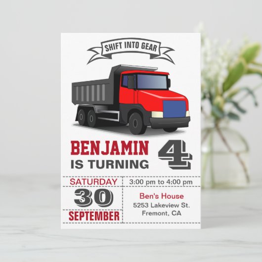 Red Dump Truck Kids Verjaardagsfeestuitnodiging Kaart (Staand voorkant)
