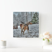 Red Dun & Palomino Winter Horses op sneeuwfoto Vierkante Klok (Huis)