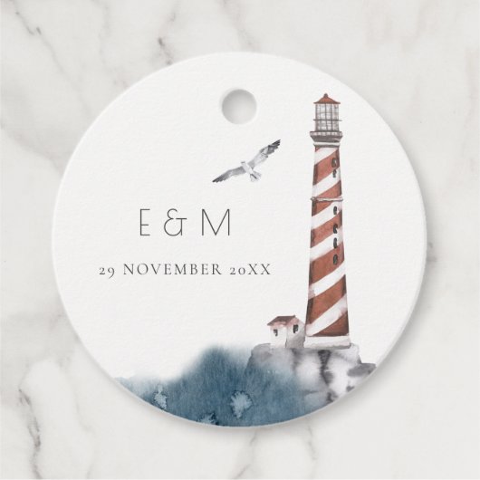 RED DUSKY BLUE LIGHTHOUSE ZEE MONOGRAM WEDDING FA BEDANKJES LABELS (Voorkant)