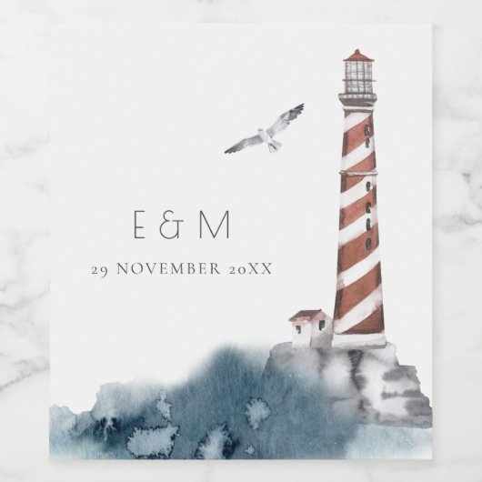 RED DUSKY BLUE LIGHTHOUSE ZEE MONOGRAM WEDDING FA WIJN ETIKET (Enkel label)