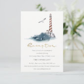 RED DUSKY BLUE LIGHTHOUSE ZEE WEDDING RECEPT INFORMATIEKAARTJE (Staand voorkant)