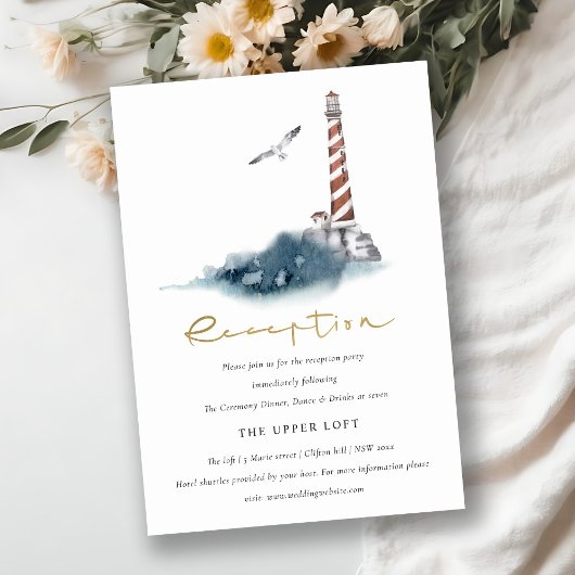 RED DUSKY BLUE LIGHTHOUSE ZEE WEDDING RECEPT INFORMATIEKAARTJE