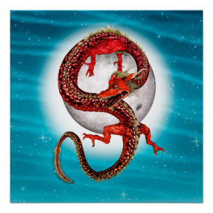 Red Eastern Dragon beroemd gemaakt door Mythical F Perfect Poster