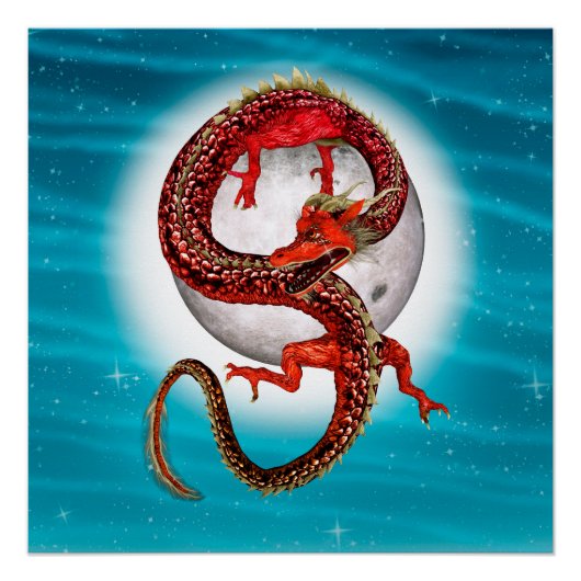 Red Eastern Dragon beroemd gemaakt door Mythical F Perfect Poster (Voorkant)