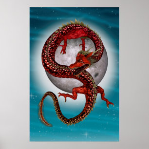 Red Eastern Dragon beroemd gemaakt door Mythical F Poster