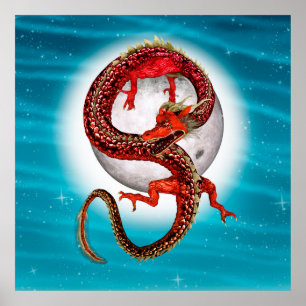 Red Eastern Dragon beroemd gemaakt door Mythical F Poster