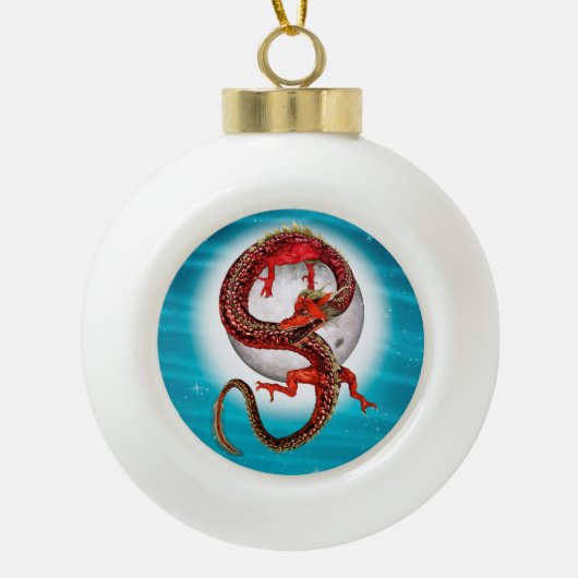 Red Eastern Dragon - Mythical Fantasy Creature Keramische Bal Ornament (Voorkant)