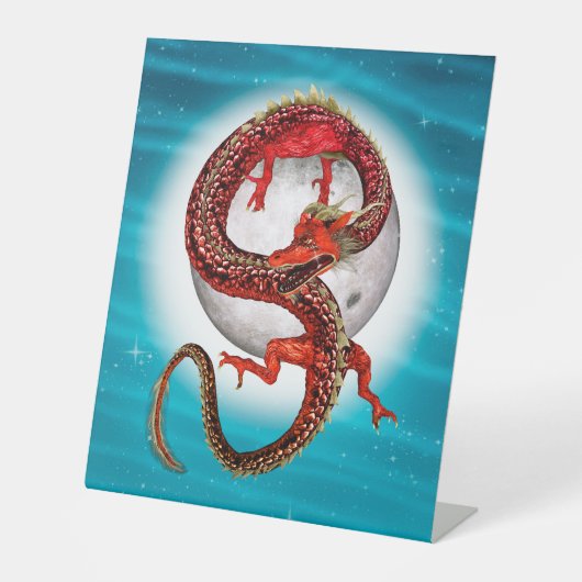 Red Eastern Dragon - Mythical Fantasy Creature Reclamebord Met Voetstuk (Voorkant)