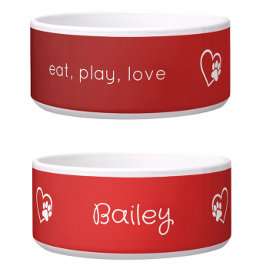 Red 'eat, play, love' Dog Name Bowl Voerbakje
