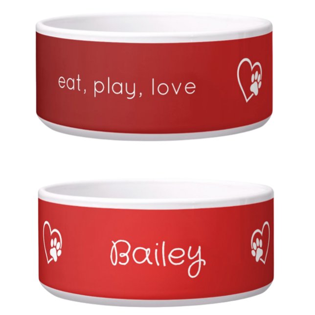 Red 'eat, play, love' Dog Name Bowl Voerbakje (Creator heeft geüpload)