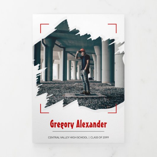 Red Edgy Abstract Afstuderen penseelfoto Drieluik Uitnodiging (Cover)