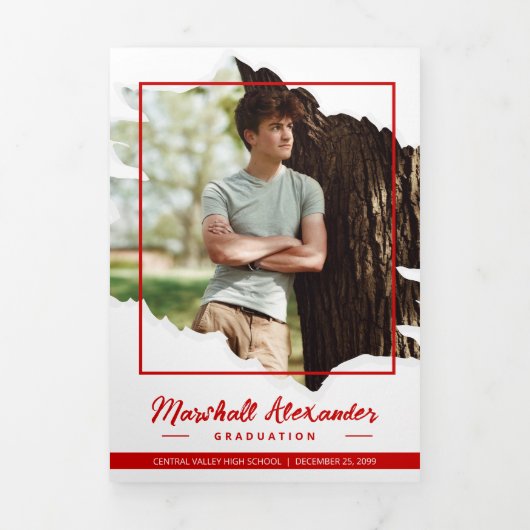 Red Edgy Abstract Torn Photo Afstuderen Drieluik Uitnodiging (Cover)