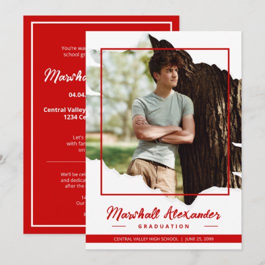 Red Edgy Abstract Torn Photo Afstuderen Invitation Kaart (Voorkant / Achterkant)