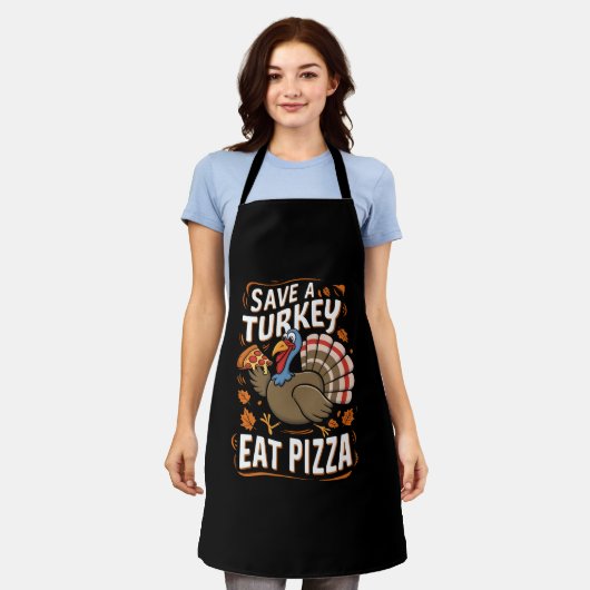 Red een kalkoen, eet pizza, grappig Thanksgiving-k Schort (Gedragen)